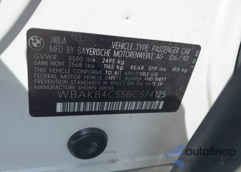 2011 BMW 740Li z USA, uszkodzony, nr VIN WBAKB4C55BC574125